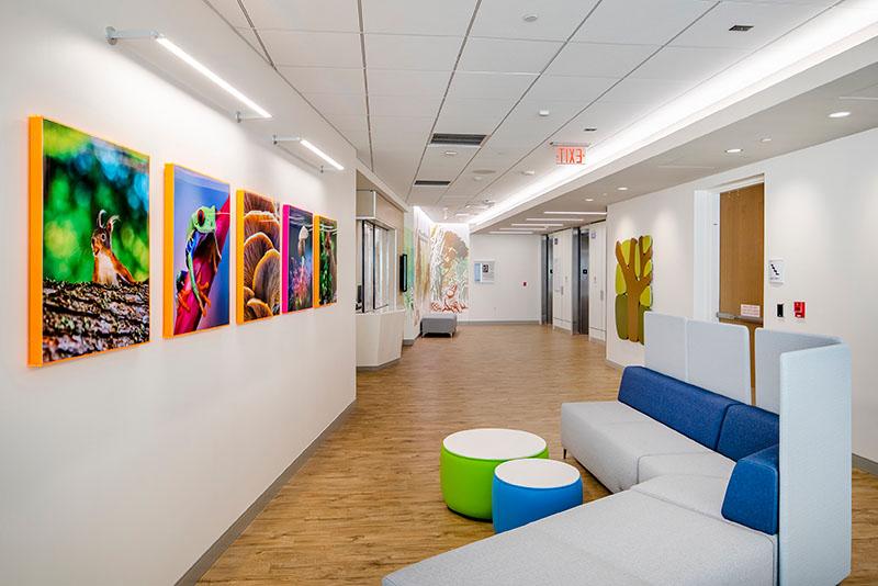 这个重症监护室的候诊室被墙壁一端的壁画和另一端的艺术品所照亮.